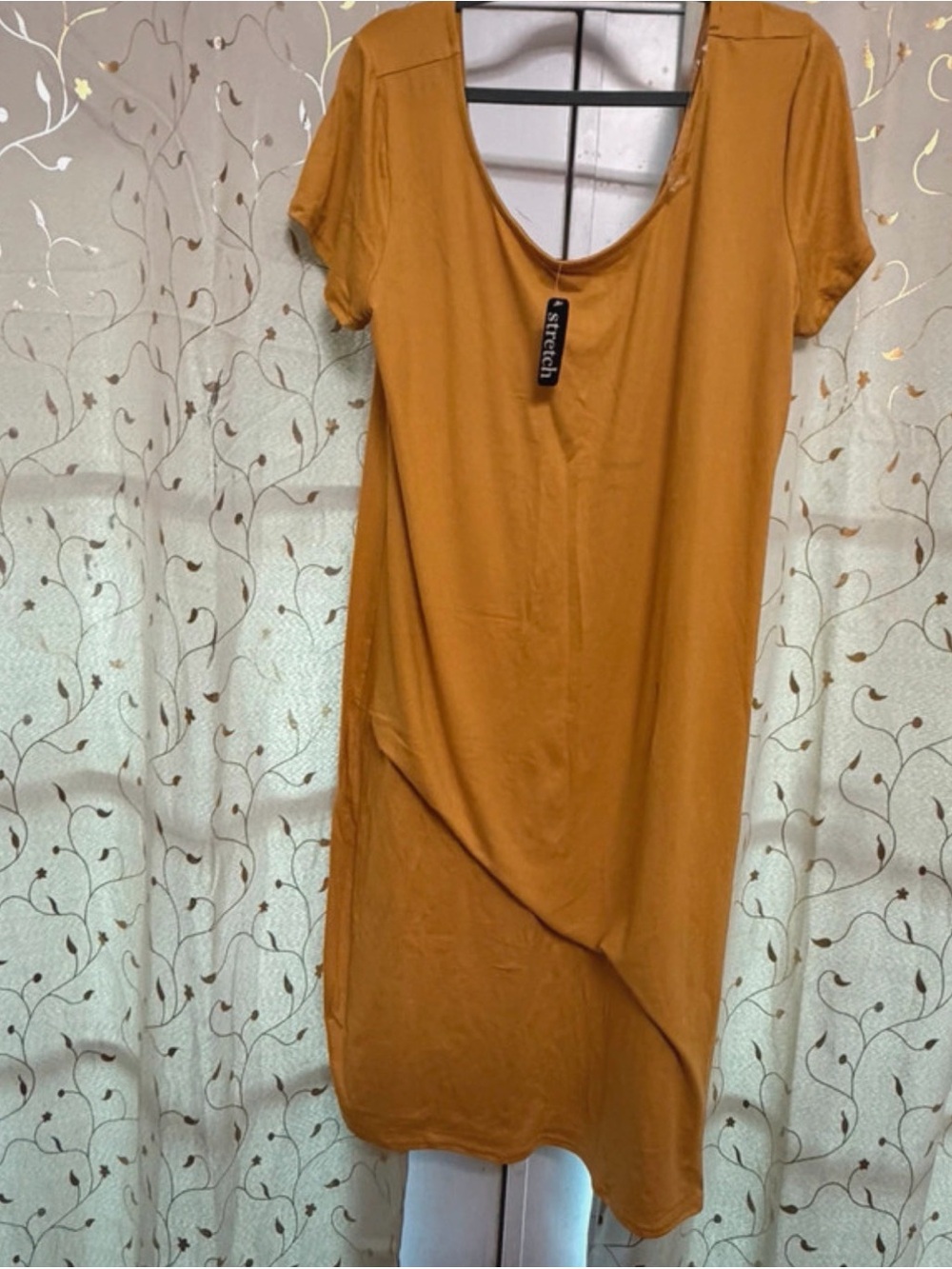 Stretch Short-Sleeve Scoop Neck Dress in Mustard and wine red